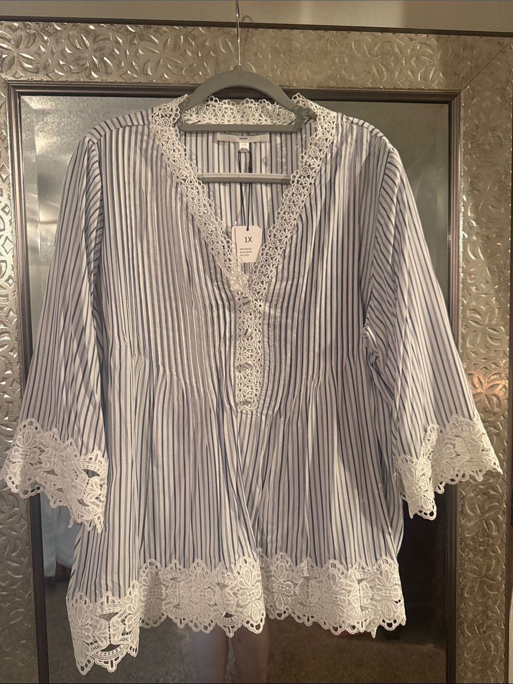 Chelsea & Theodore Blue and White Striped Lace-Trim Top